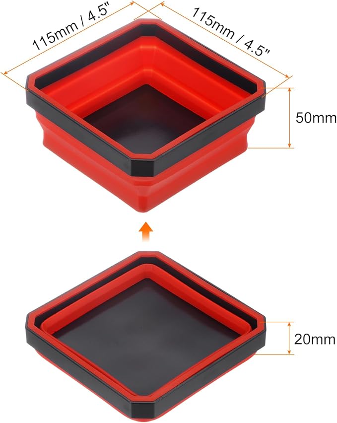 HARFINGTON 2Pcs Collapsible Magnetic Parts Tray Foldable Tool Trays Square Small Metal Parts Organiser for Fixing Screw Bolts Nuts Washers Pins, Red