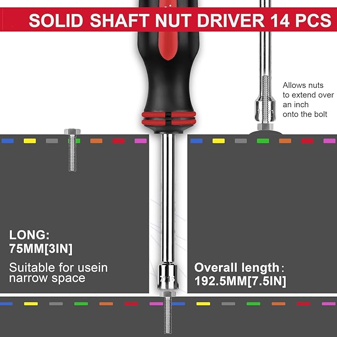 P.I.T. 7-Pieces SAE Nut Driver Set,Solid Shaft Nut Drivers (3/16, 1/4, 5/16, 11/32, 3/8, 7/16, 1/2 Inch) With Color Coded Nonslip Comfort TPR Hand Grips,Standard Sizes Hex Deep Nut Driver Set