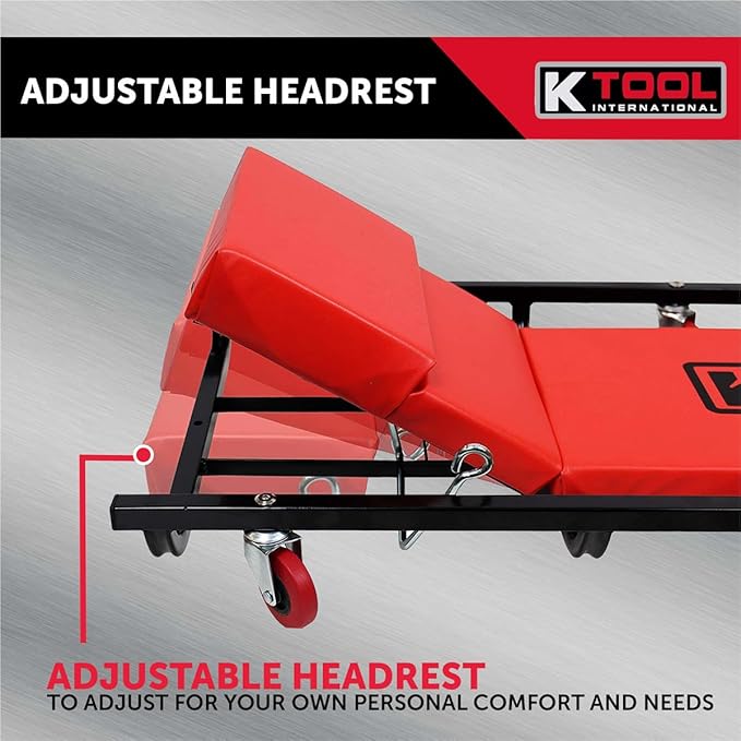 K Tool International 74961 Creeper Seat, Adjustable Headrest with Fully Padded Support, Oil Resistant Rubber Casters, Epoxy Coated Steel Frame for Shop Mobility