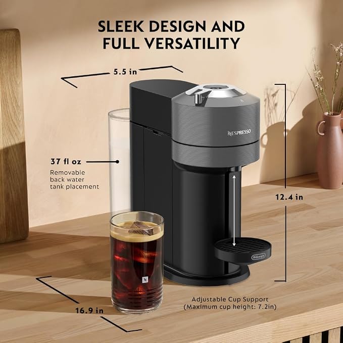 Nespresso Vertuo Next Coffee & Espresso Maker by De'Longhi | Slim, sustainable design brews 6 cup sizes topped with velvety crema, from espresso to 18 oz. Over 40 Vertuo blends.