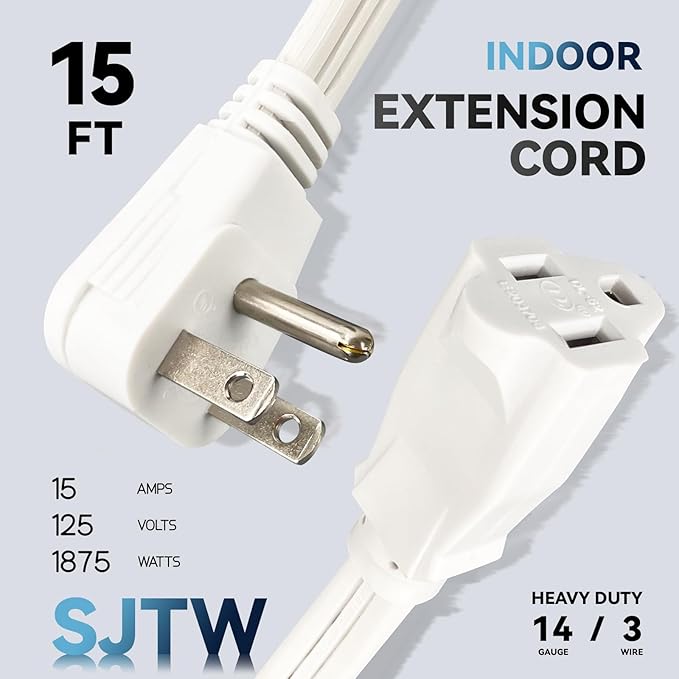 EP 15 Ft Heavy Duty Appliance Extension Cord - 14 Gauge 3 Prong SPT-3 Cable Wire, Ideal for Air Conditioners, Refrigerators, and Major Appliances - Indoor Use, White