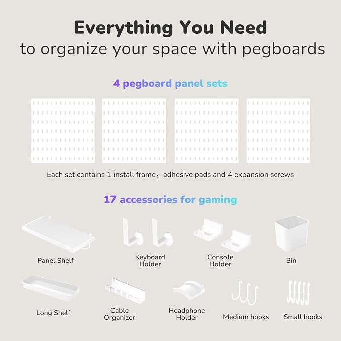 Keepo Peg Board Wall Organizer for Gaming Setup, Pegboard with Adhesives & Screw Mounts, Includes Peg Board Accessories for Gaming Accessories, Tech Storage & Office Organization (White, 22″×22″)