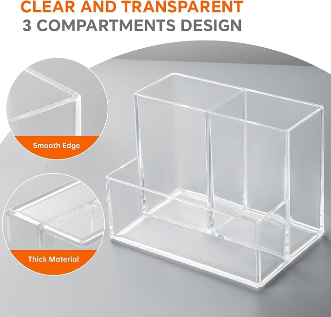 Pen Holder for Desk, Clear Acrylic Pencil Holder for Desk, Marker Holder with 3 Compartments, Pencil Organizer for Home, Office, Classroom, Bathroom | Plastic Marker Holder with 3 Compartments, Pencil Organizer for Office, Makeup Brush Holder for Bathr...