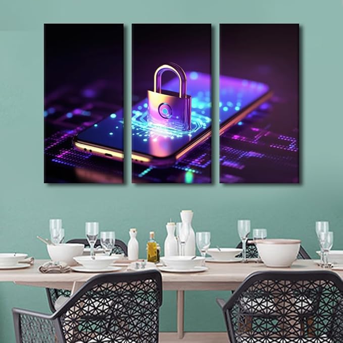 3 Panels Padlock Hologram Wall Art ProtectingBusiness and Financial Data with Innovation Technology Posters Print on Canvas for Living Room Bedroom Wall Decoration, Ready to Hang, 60" Wx40 H