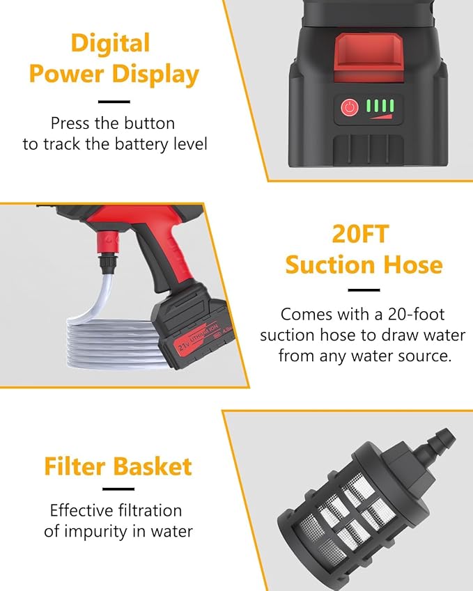 Cordless Pressure Washer, Portable Pressure Washer Battery Powered Max 950PSI, 1.2GPM with 1 * 21V 4.0Ah Rechargeable Battery, 20FT Drain Hose, Electric Power Washer for Car, Floor, Red