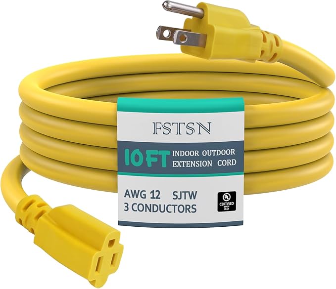 10 ft 12/3 Outdoor Extension Cord Waterproof Heavy Duty 12 Gauge 3 Prong, Flexible Cold-Resistant Long Power Cord Outside, 15Amp 1875W SJTW Yellow, for Christmas Lights ETL Listed.