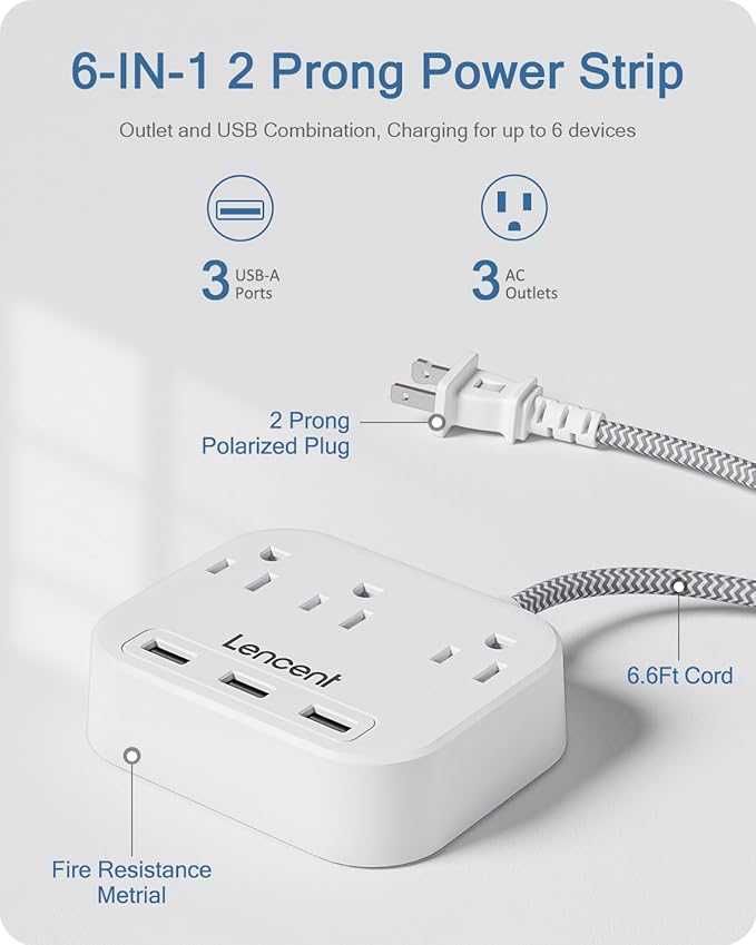 LENCENT 2 Prong Power Strip, 2 Prong to 3 Prong Outlet Adapter, 6.6 ft Braided Extension Cord with Polarized Plug, 3 AC Outlets and 3 USB, Wall Mountable, Ideal for Non Grounded Outlets