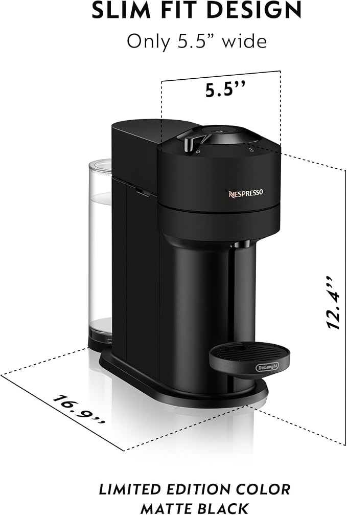 Nespresso Vertuo Next Coffee & Espresso Maker by De'Longhi, Black | Matte black coffee machine with slim, sustainable design. Brews 6 cup sizes, espresso to 18 oz., topped with crema.
