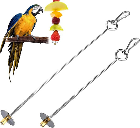 2PCS Bird Cage Food Holder with Hook, Stainless Steel Bird Feeder for Cage, Parrot Fruit Skewers, Bird Foraging Toys for Macaw Parakeet Parrot Budgie (2 Sizes)