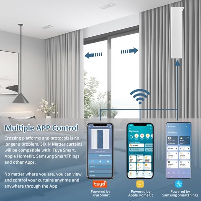 Matter over WiFi Smart Curtain Motor with Retractable Track, 2.5N.m High Torque Automatic Drapery Opener, Compatible with HomeKit, Alexa, Google Home (1.8-3 meters (70.8-118.1 inches) Adjustable)