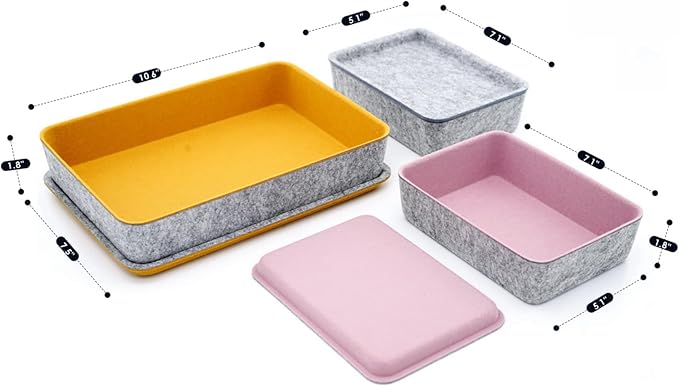 Welaxy Lidded Felt Drawer Organizer Bin with lids Desktop Stackable Organizer Storage box for crafts office supplies pen notes Junk Makeup Stationery Organize 3-Pack ( Curry+Dusty rose +Glacier gray)