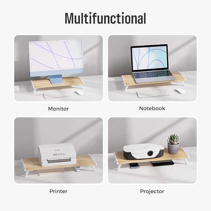 loukin Monitor Stand Riser for Desk, 22.4" x 8.3" Larger Computer Stand for Laptop, PC, Printer, Sturdy Desktop Computer Shelf with Non-Skid Rubber, Home Office, Natural Wood