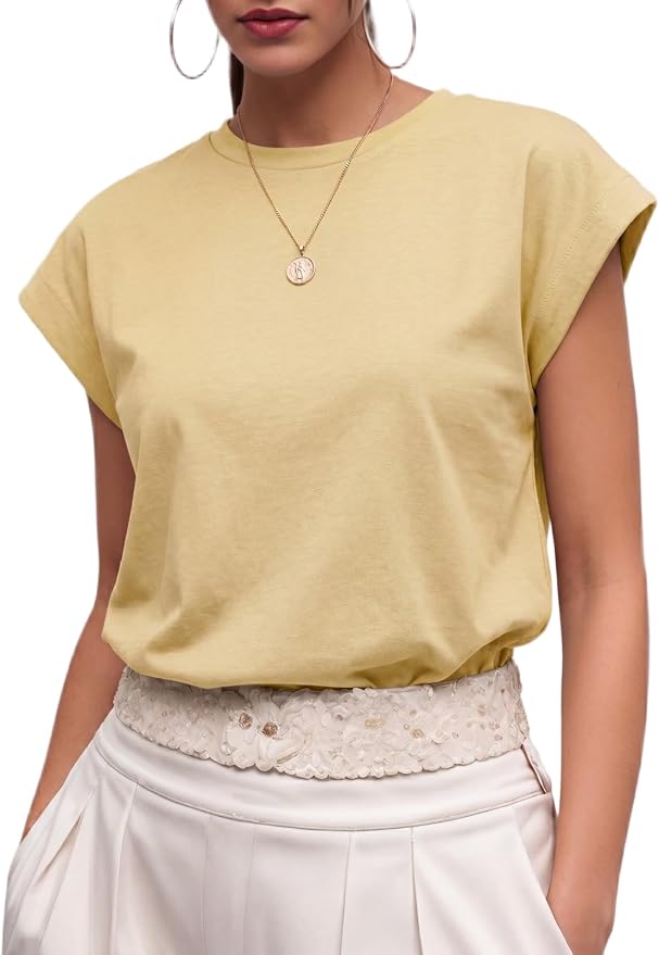 GRECERELLE Womens Summer Tops Cap Sleeve Crew Neck Basic T-Shirt | Everyday Casual Wear, Layering Friendly, Wrinkle-Resistant, Business Casual Ready, Lightweight & Packable, Capsule Wardrobe