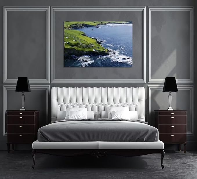 Pebble Beach Golf Course Canvas Wall Art for Living Room Bedroom Bathrooom Home Decorations California Coastal Golf Course Picture Poster Framed Artwork Ready to Hang(24''H x 36''W)
