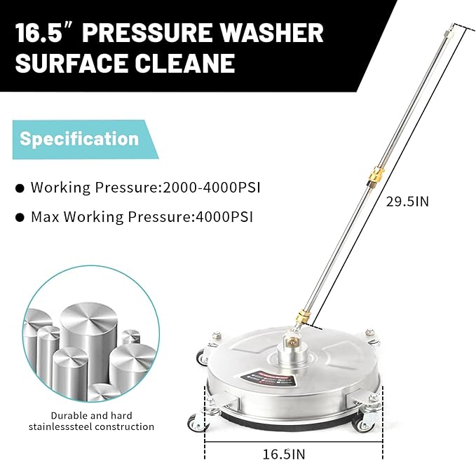 16.5" (16.5" Pressure Washer Surface Cleaner, Power Washer Surface Cleaner w/Extension Wand & 4 Wheels,Replacement Nozzle - Powerful Pressure Washer Attachment for Patios,4000PSI)