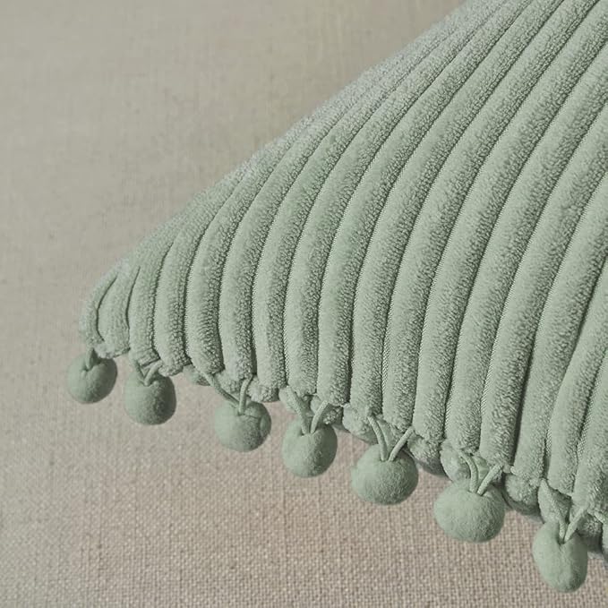 Fancy Homi Set of 2 Sage Green Decorative Throw Pillow Covers 12x12 Inch with Pom-poms for Couch Bed Sofa, Modern Farmhouse Boho Home Decor, Soft Plush Corduroy Cute Cushion Case 30x30 cm