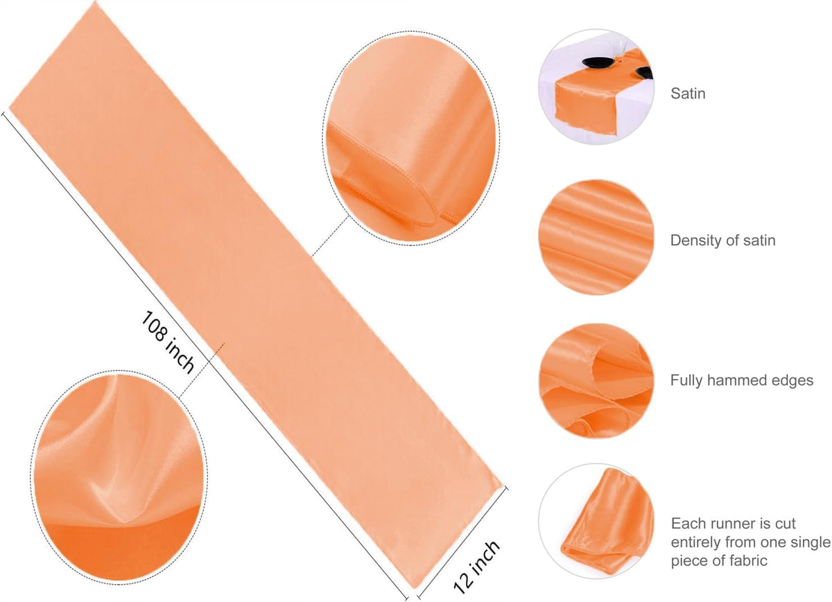 VDS Pack of 2 Satin Table Runners 12" x 108" - Charmeuse Sateen Silk Centerpiece Cloth Linen for Wedding Birthday Graduation Engagement Ceremony Event Party Banquet Table Decoration (Peach)