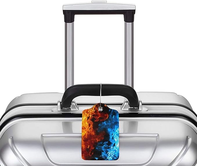 2-Pack Cool Ice and Fire Luggage Tags for Suitcases, Red and Blue Leather Baggage Tag with Loop, Cool Luggage Identifiers Name ID Card Cover Travel Bag Labels Set