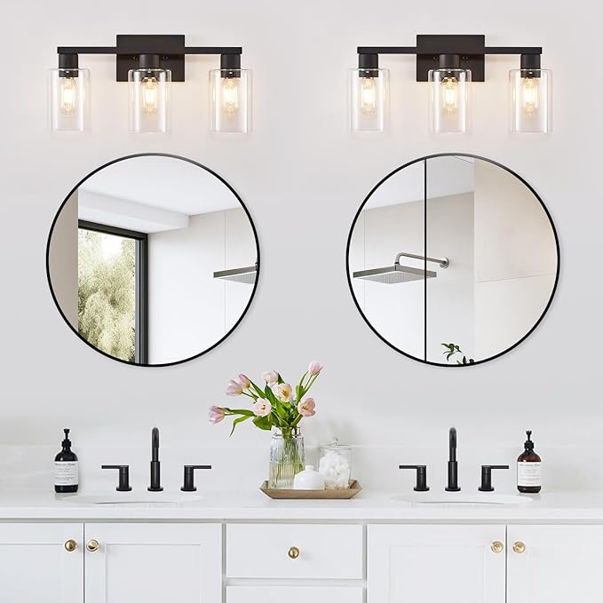 3-Light Bathroom Vanity Light, Black Vanity Lights with Clear Glass Shades, Bathroom Wall Sconce Lamp for Mirror Living Room Bedroom Hallway