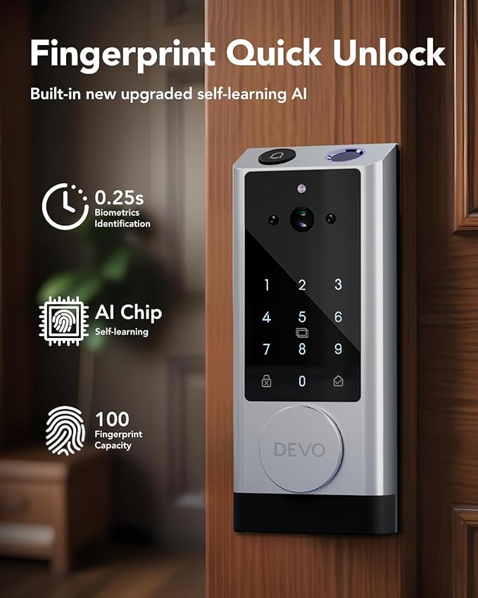 Devo G1 Video Smart Lock with Camera & Doorbell, 6-in-1 Fingerprint Keyless Entry Door Lock for Front Door, App Remote, Auto Locks, Wi-Fi Smart Deadbolt, Easy Install, Waterproof, Silver