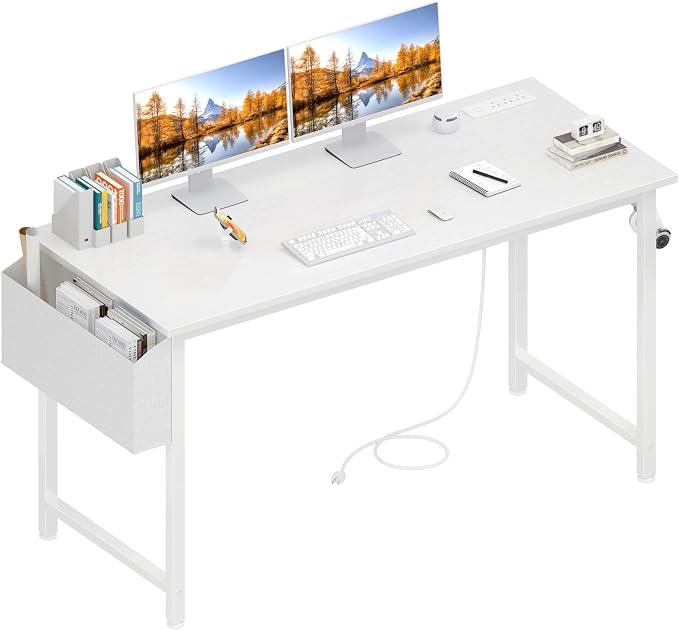 Lufeiya White Computer Desk with Power Outlet, 47 inch Teen Study Table Home Office Work Writing Gaming Desks with Charging Station Outlets Built in, White