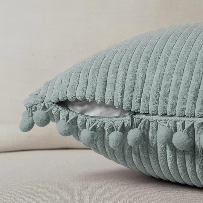 Fancy Homi Set of 2 Grey Blue Decorative Throw Pillow Covers 14x14 Inch with Pom-poms for Couch Bed Sofa, Modern Farmhouse Boho Home Decor, Soft Plush Corduroy Cute Cushion Case 35x35 cm