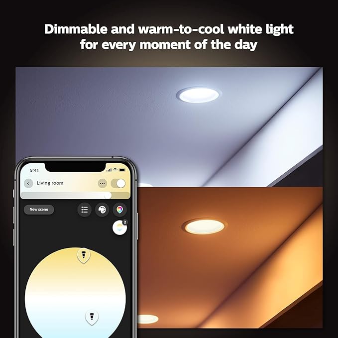 Philips Hue Smart Retrofit Recessed Lighting 4 inch, Warm-to-Cool White Recessed Lighting, 6 Pack, 850LM, Control with Hue App, Compatible with Alexa, Google Assistant, and HomeKit