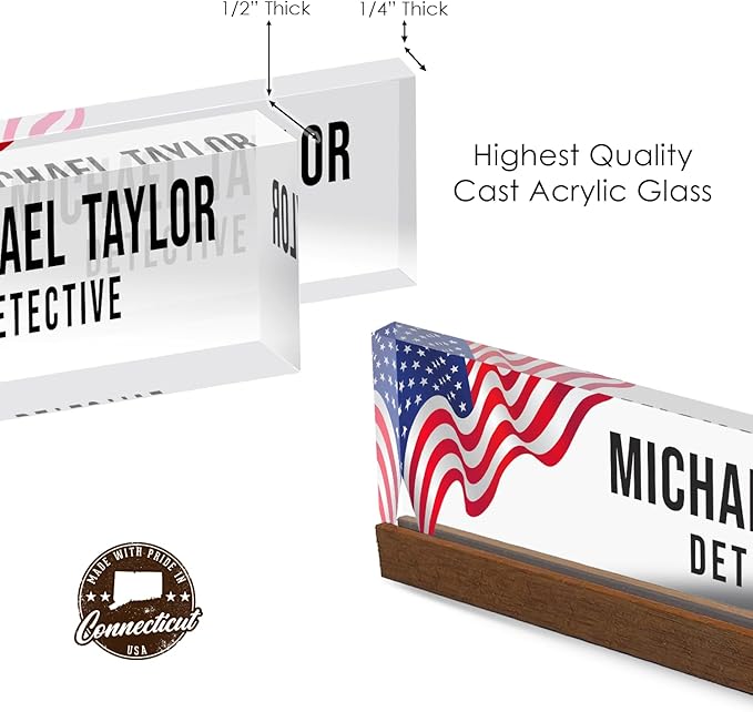 Artblox Personalized Office Desk Name Plate With Business Card Holder | Clear Acrylic Glass with Teak Wood Stand | Us Flag Design Customized with Your Name and Credentials Office Desk Décor