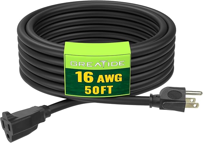 Indoor Outdoor Extension Cord 50 FT, 16/3 SJTW Weatherproof Black Electrical Cords, 13 AMP Heavy Duty 3 Prong Power Cable Great for Garden, Landscaping & Holiday Decorations