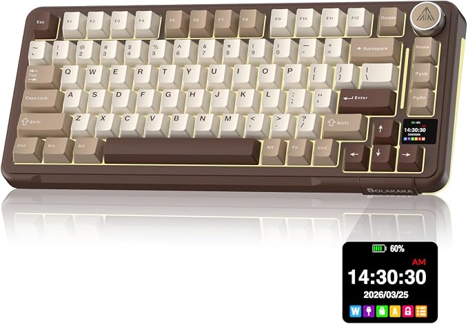 SOLAKAKA A75 PRO 75% Wireless Mechanical Keyboard with Screen and Knob, Tri-Mode Hot Swappable Gaming Keyboard, RGB Backlit Gasket Creamy Pre-lubed PBT Computer Keyboard for PC/Mac/Win,Brown