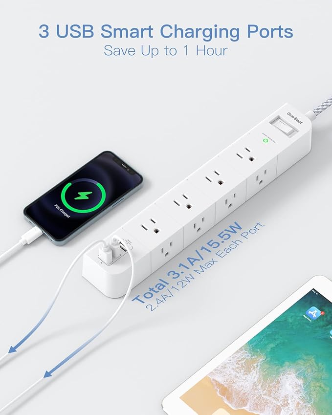 One Beat 10 ft Extension Cord,Power Strip Surge Protector 8 Widely AC Outlets 3 USB,Flat Plug,Desktop Charging Station with Overload Protection,Wall Mount for Home,Office,Travel,Computer ETL Listed