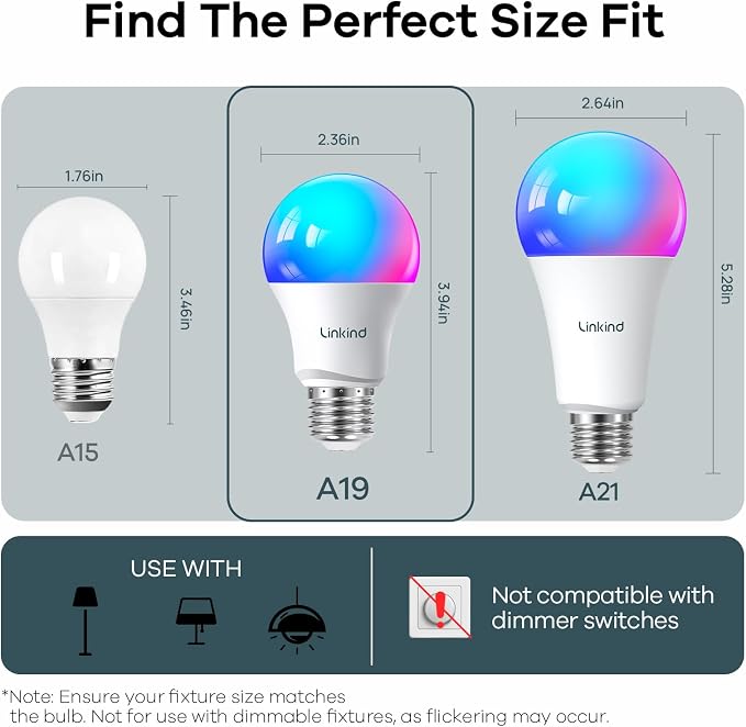Linkind Smart Light Bulbs, Work with Alexa, Google Home, AiDot | Led Color Changing Light Bulb RGBTW, 2.4G WiFi+Bluetooth, 104 Preset Scene, Music Sync, DIY, Dotis, A19 E26, 60W 800LM, 6Pack