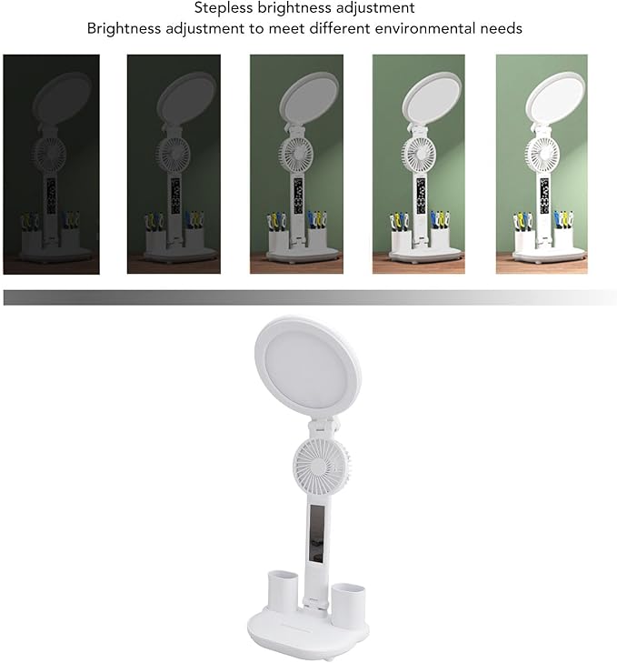 HURRISE Desk Lamp LED, LED Desk Lamps with Fans, Eye Care Foldable Touch Control Round USB Charging 3 Color Temperature Stepless Dimmable 3200mAh Clock Table Lamp with Fan Pen Holder