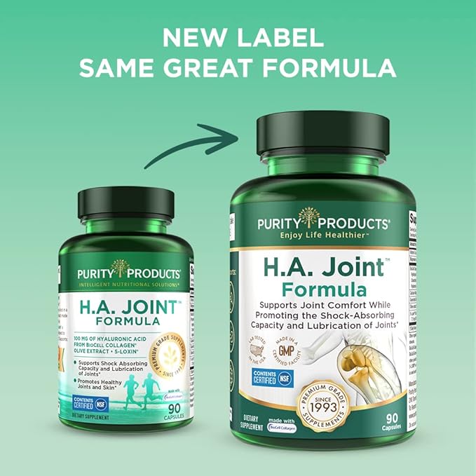 Purity Products HA Joint Formula Hyaluronic Acid + Key CoFactors - Joint + Skin Multi Collagen (Type I, II & III) - 5-Loxin - Olive Fruit Extract - Joint Flexibility + Mobility - 90 Capsules (3)