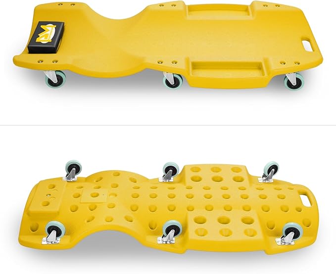 PM PERFORMOTOR Inches Heavy-Duty Low-Profile Roller Automotive Creeper with Padded Headrest, Yellow, PM-TOL-CPC48-YL
