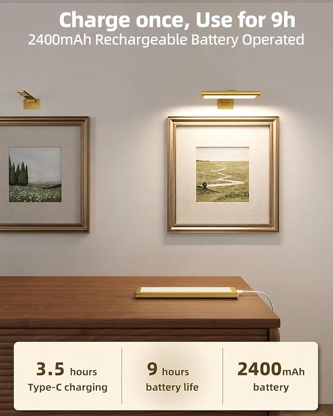 EZVALO Picture Light for Wall, Rechargeable 2400mAh Gold Lights Wireless with IR Remote, 3 Color & Dimmable Magnetic 7.87'' LED Lights Display for Painting, Living Room, Gallery, Bedroom Art(3P)