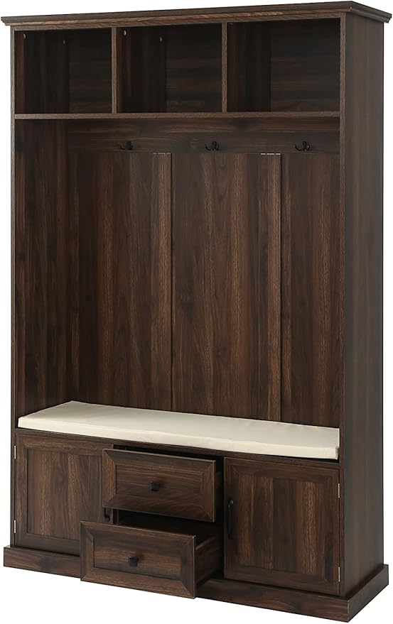 RUNNA Delicate 3-in-1 Hall Tree with 2 Cabinet and 2 Drawers,3 Open Shelves and 3 Hooks,Coat Hanger and Storage Bench,for Livingroom Hallway Entryway Use (Tiger#H-)