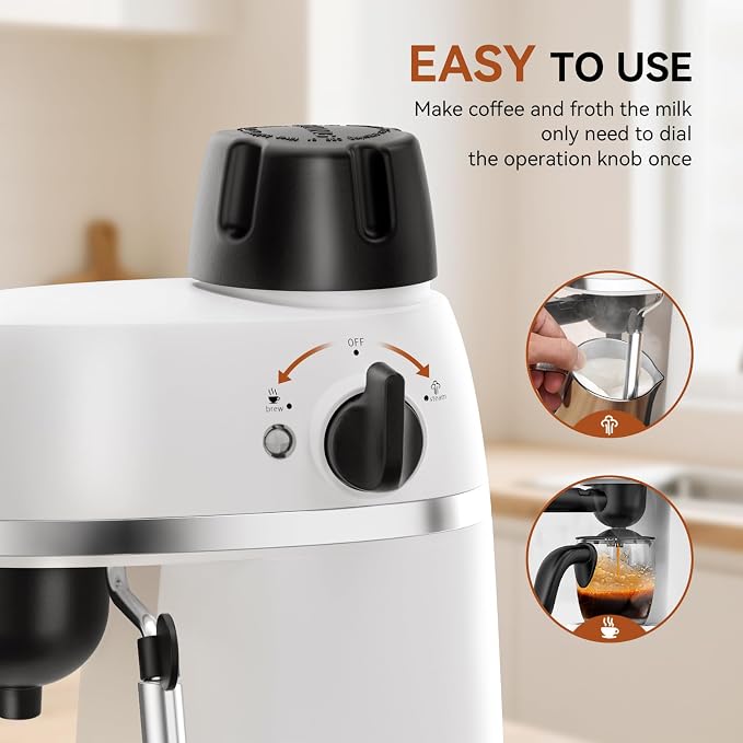 XIXUBX Compact Espresso & Cappuccino Machine, 3.5 Bar with Steam Wand | 800W Fast Heating, Safety Lock & Tritan Cup, One-Touch 4-Cup Brewing & Powerful Steam for Latte, White for Home & Office