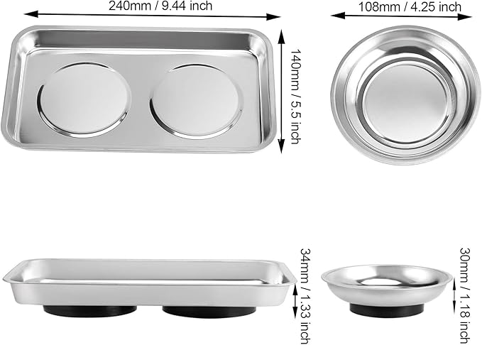 JOIKIT 8 Pieces Magnetic Parts Tray Set, Stainless Steel Magnetic Tool Tray Holder, 4.2 Inches Round Bolt Trays and 9.5 x 5.5 Inches Square Mechanic Trays for Screws, Bolts, Nuts
