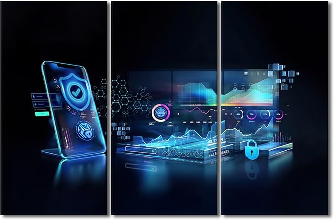 Wall Art for Living Room 3 Panel Network Transaction Security Pictures Print on Canvas Wall Art for Home Office Decorations, Stretched Framed Gallery-Wrapped Ready to Hang, 42" Wx28 H