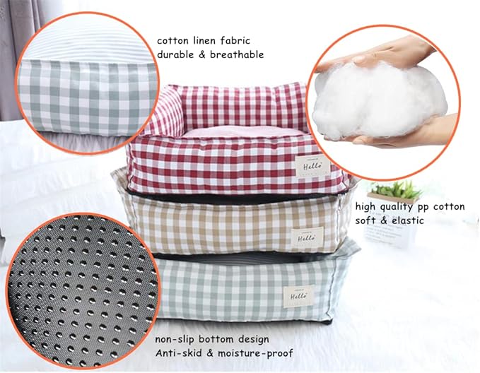 Original Rectangular Pet Bed Soft Cotton Dog Kennel with Non Slip Bottom, Removable Calming Sofa for Small Medium Dogs and Cats, Universal for All Seasons Cream S