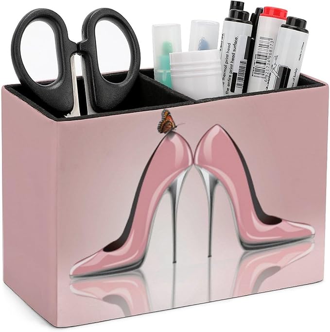 Pen Holder, Pencil Holder for Desk Organizer, Pink High Heel Shoes Butterfly PU Leather Pencil Cups Desktop Stationery Storage Makeup Brush Holder Pen Organizer for Office Home