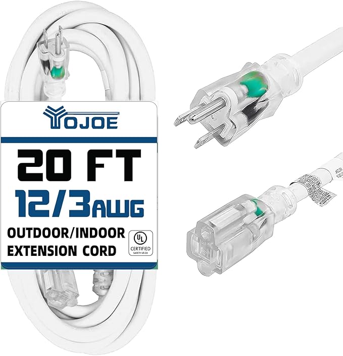 YOJOE Indoor Outdoor Extension Cord with Lighted End, 3 Prong 15A Weatherproof Power Cord, 12 Gauge Heavy Duty 20 ft White Extension Cord for Garage, Garden and Home, 12/3 SJTW UL Listed