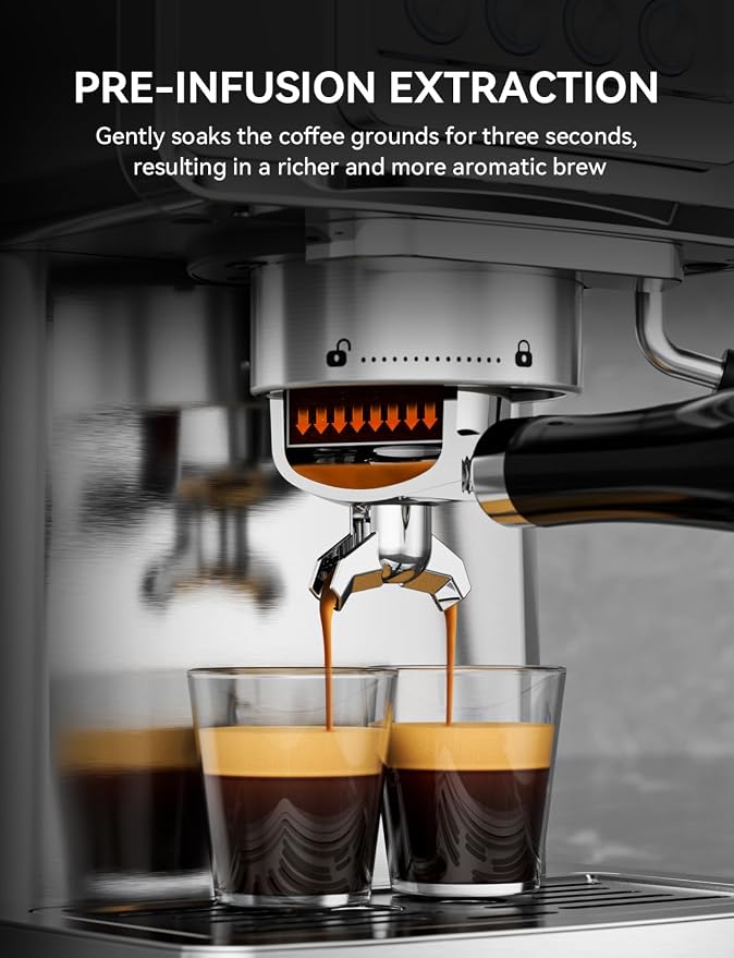 SUMSATY 20 Bar Espresso Machine Stainless Steel with Powerful Milk Frother | LED Display Espresso Coffee Machine 1350W Fast Heating Home Barista to Make Latte Cappuccino, Pre-Infusion, 61oz Water Tank