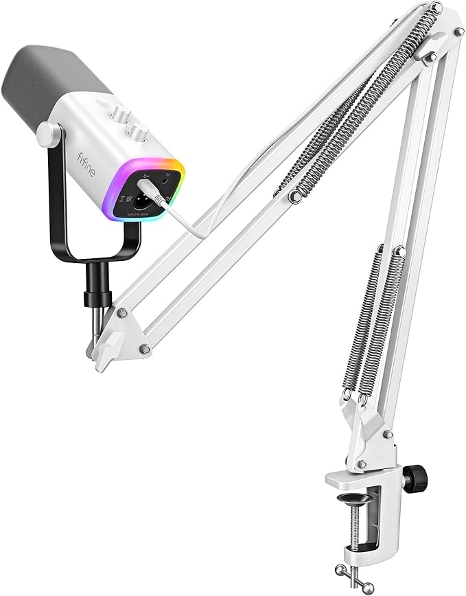 FIFINE AmpliGame AM8TW Gaming XLR/USB Microphone Kit Streaming Dynamic Mic | Computer Mic with Controllable RGB, Headphones Jack, Gain Knob, Arm Stand, for Vocal Podcast Recording Voiceover, White