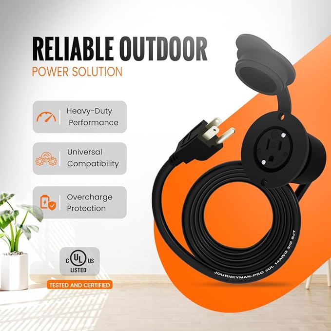 10 Foot 15A Weatherproof Outdoor Power Outlet by Journeyman-Pro 15 Amp 110/120 Volt 5-15R Receptacle Kit with Integrated (10' FT) 120" Extension Cord + Waterproof Rubber Cover (Black)