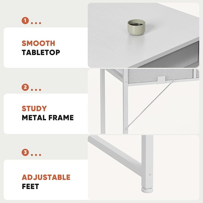 DUMOS 32" Home Office Computer Desk with Drawers, Small Gaming Writing Study Table with Storage Side Bag, Headphone Hook and Adjustable Feet for Bedroom White | Home Office Desk for Bedroom, Gaming Writing Study Desk with Adjustable Feet