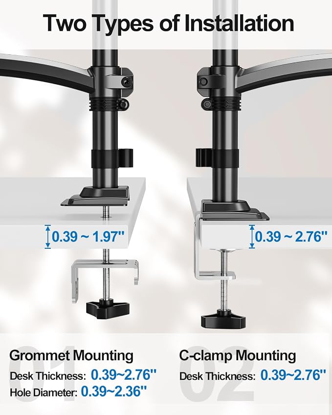Dual Monitor Stand for Computer Screen up to 32", Holds 22 lbs Each | Taller Monitor Arms Desk Mount, Height Adjustable Gas Spring VESA Mount with C-clamp Grommet Mounting, Black, Freelift