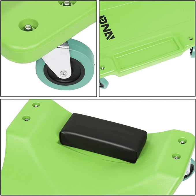 DNA MOTORING 40Inch Low Profile Plastic Rolling Garage Shop Creeper with Padded Headrest,Tool Trays & 6pcs Casters,Green, TOOLS-00218