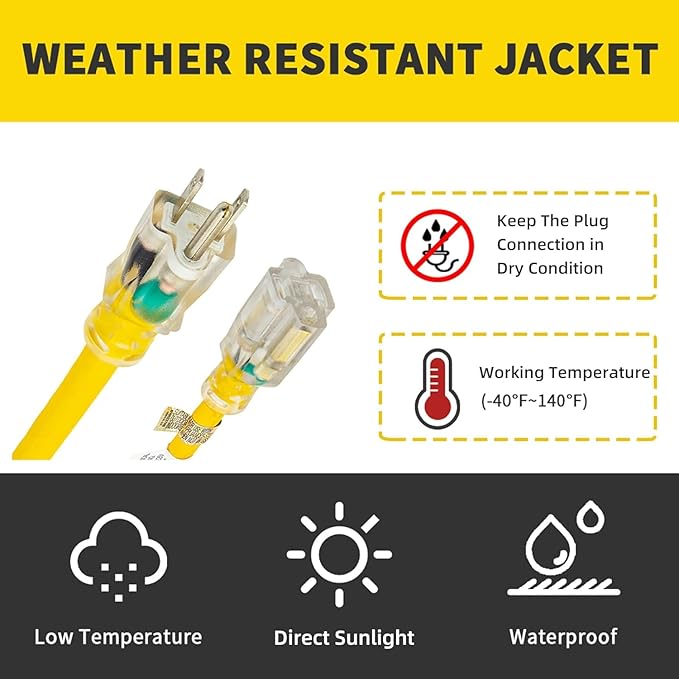 Indoor Outdoor Extension Cord Weatherproof with Lighted End, UL Certified, 12 Gauge 12FT Yellow 3 Prong Heavy Duty, 12/3 SJTW 15A Power Cord for Outdoor Lights, Lawn